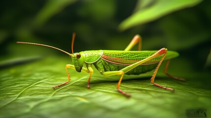 Fototapeta premium Green grasshopper on a vibrant leaf, nature's detail captured in sharp focus.