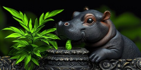 Obraz premium An intricate 3D render of a baby pygmy hippo standing next to an ancient Thai temple ruin, with vines and small plants growing around the stones