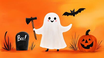 Cute Halloween Ghost Illustration with Jack-o'-lantern and Cat