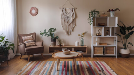 Cozy living room with a boho decor, featuring plants, a macrame wall hanging, and a wooden coffee table on a colorful rug.