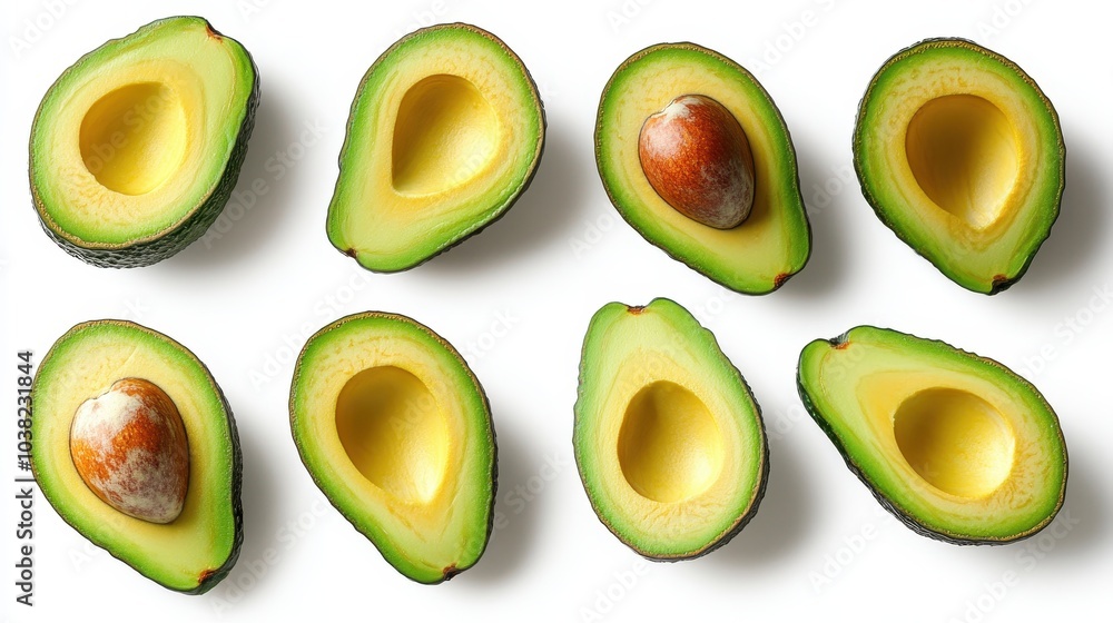 Poster this is a flat lay view of a pattern of avocado slices with the halves isolated on a white backgroun