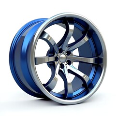 Obraz premium A sleek silver and blue mag wheel isolated on white background