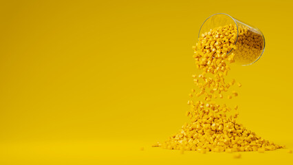 Yellow plastic polypropylene granules pouring from the glass on a yellow backdrop, masterbatch polymer grain pile. HDPE or PVC resin pellets. Place for text. 3d render illustration