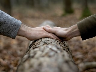 Connection Through Nature The Touch of Hands on a Fallen Log in the Forest