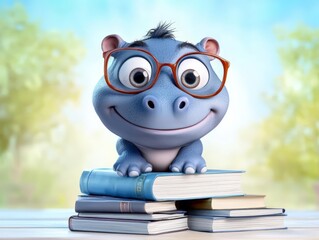 A snarky baby pygmy hippo standing on a pile of books