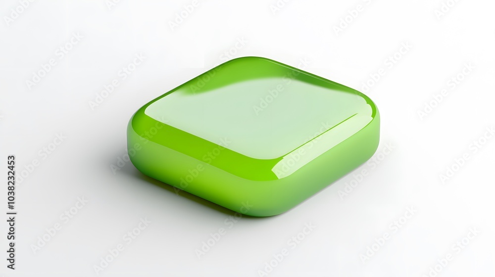 Poster blank mobile application icon, button - green square with round corners. 3d rendering, white backgro
