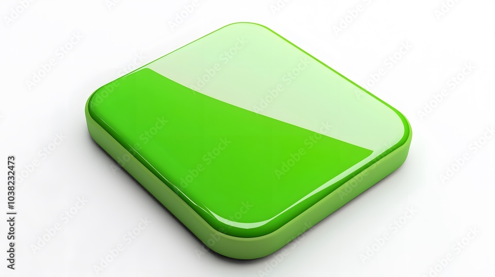 Poster blank mobile application icon, button - green square with round corners. 3d rendering, white backgro