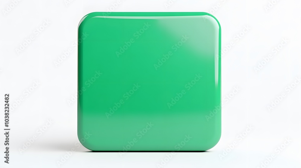 Poster blank mobile application icon, button - green square with round corners. 3d rendering, white backgro