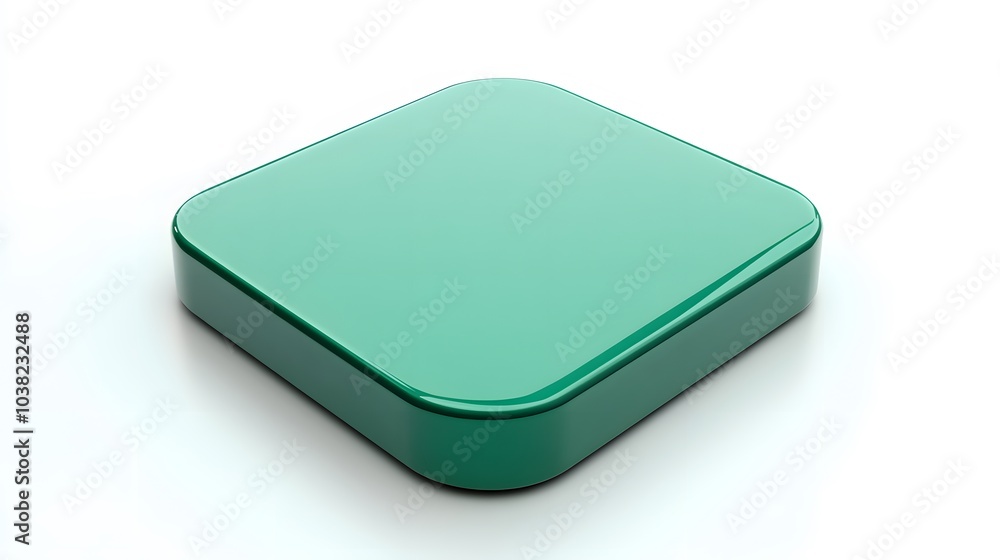 Poster blank mobile application icon, button - green square with round corners. 3d rendering, white backgro