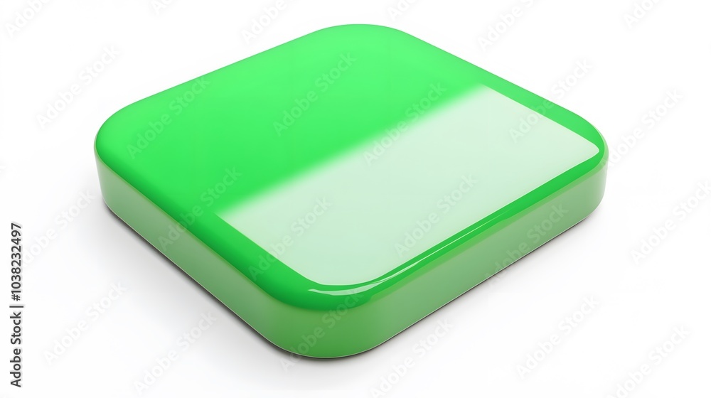 Poster blank mobile application icon, button - green square with round corners. 3d rendering, white backgro