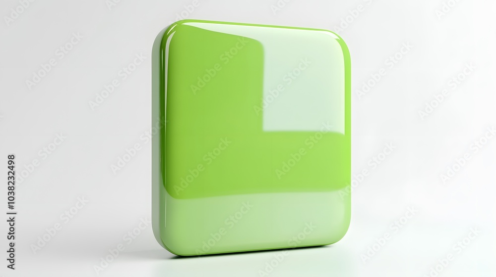 Poster blank mobile application icon, button - green square with round corners. 3d rendering, white backgro