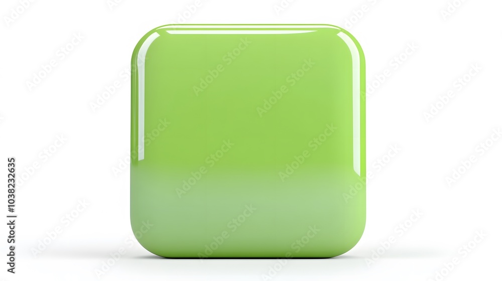 Poster blank mobile application icon, button - green square with round corners. 3d rendering, white backgro