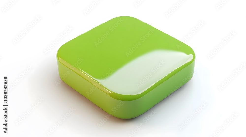Poster blank mobile application icon, button - green square with round corners. 3d rendering, white backgro