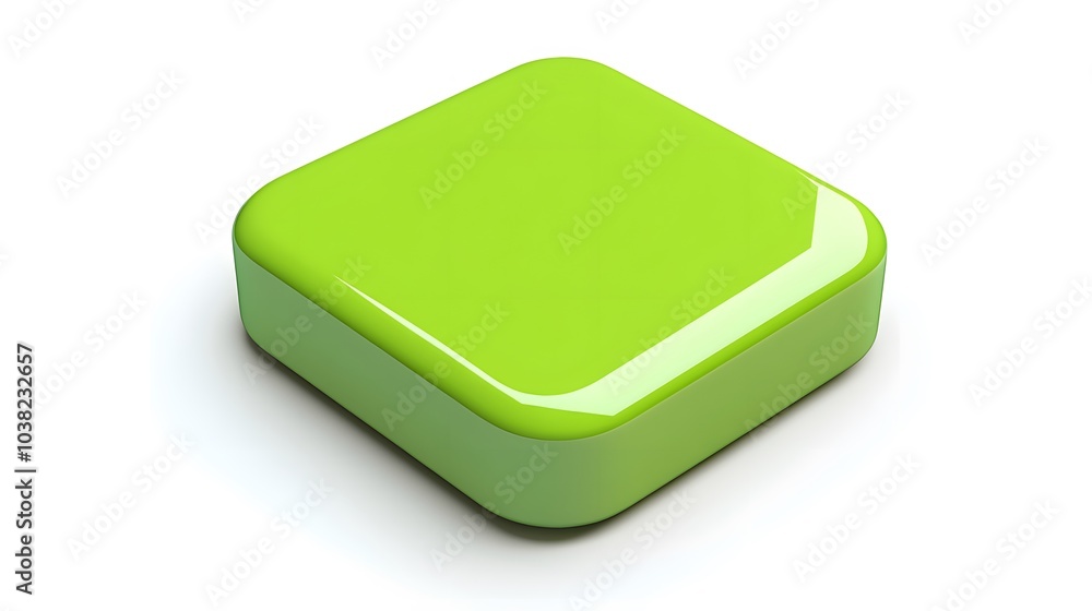 Poster blank mobile application icon, button - green square with round corners. 3d rendering, white backgro