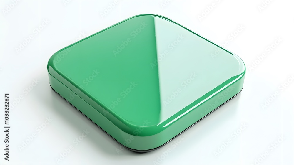 Poster blank mobile application icon, button - green square with round corners. 3d rendering, white backgro