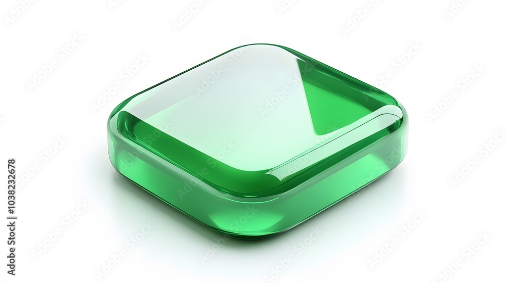 Poster blank mobile application icon, button - green square with round corners. 3d rendering, white backgro