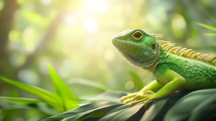 Fototapeta premium Green lizard resting on a leaf, soft natural light filtering through foliage.