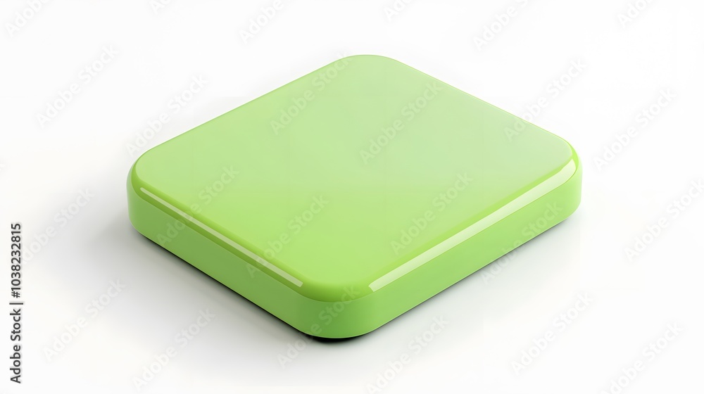 Poster blank mobile application icon, button - green square with round corners. 3d rendering, white backgro