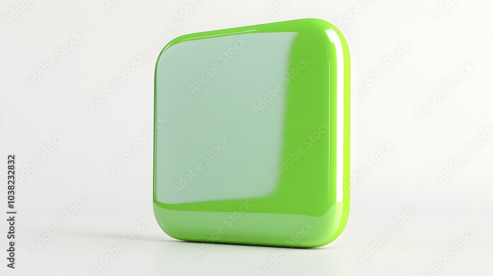 Poster blank mobile application icon, button - green square with round corners. 3d rendering, white backgro