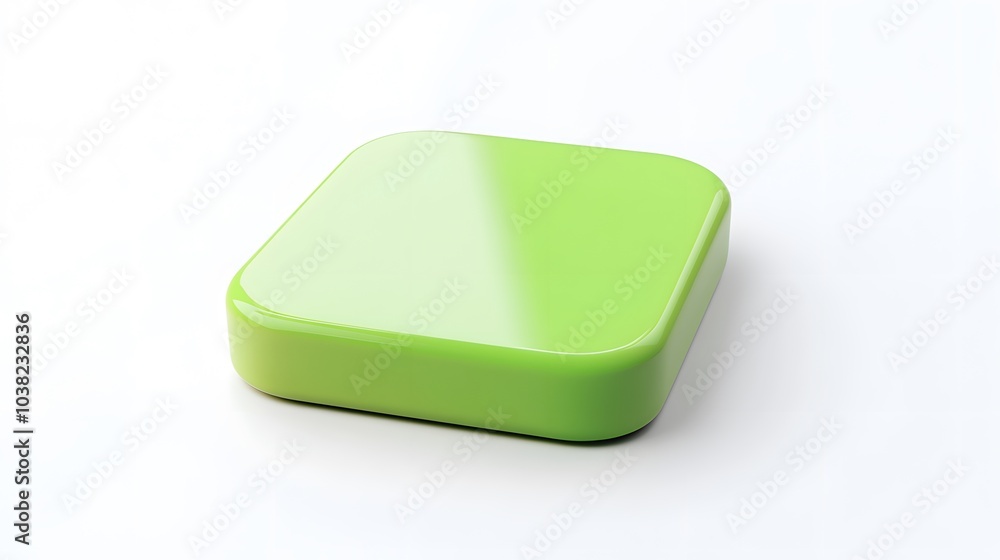 Poster blank mobile application icon, button - green square with round corners. 3d rendering, white backgro