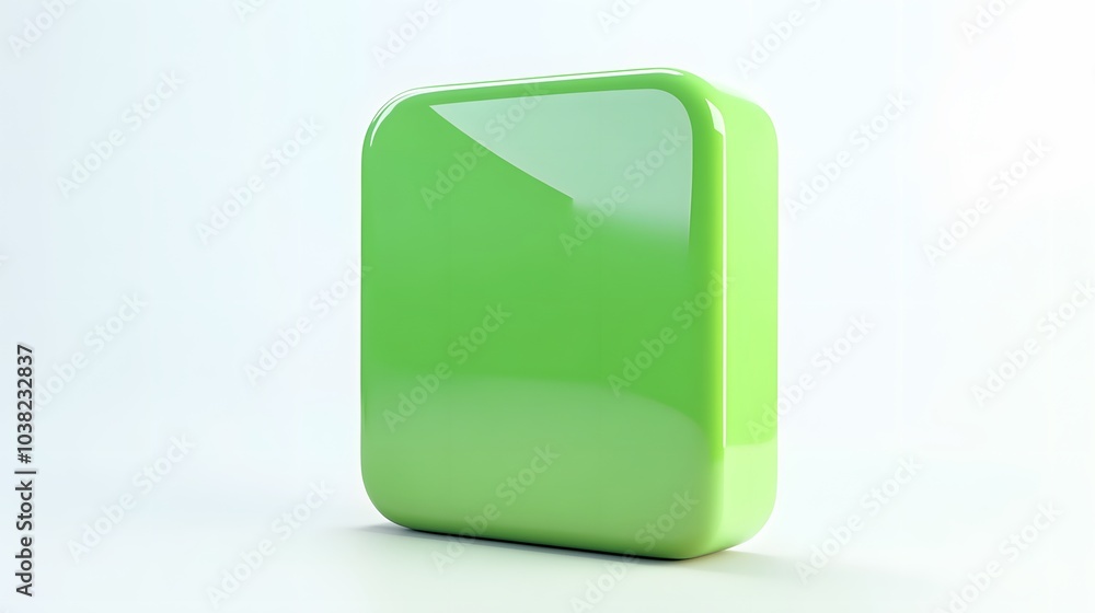Poster blank mobile application icon, button - green square with round corners. 3d rendering, white backgro