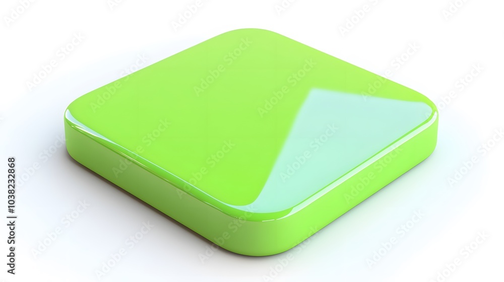 Poster blank mobile application icon, button - green square with round corners. 3d rendering, white backgro