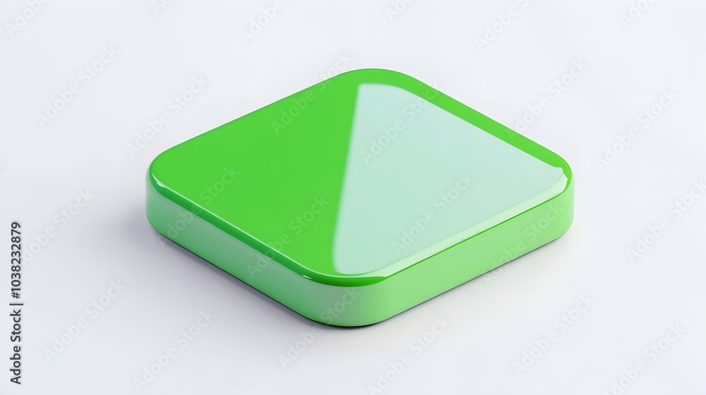 Poster blank mobile application icon, button - green square with round corners. 3d rendering, white backgro