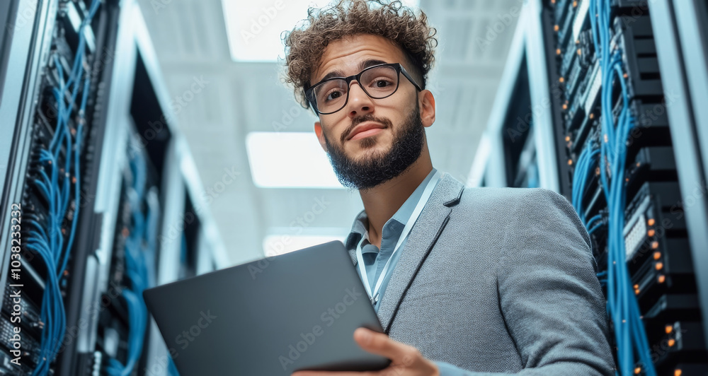 Poster innovative it professional managing data in a modern server room with advanced technology and networ