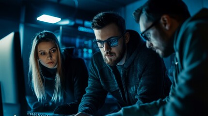 A young man hacker conversing with both male and female coworkers while using a computer in a startup