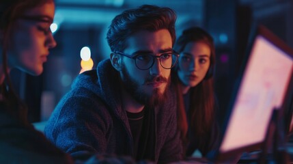 Obraz premium A young man hacker conversing with both male and female coworkers while using a computer in a startup