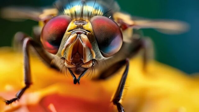 Macro photography capturing a house fly with its red compound eyes as it's standing on a piece of fruit, feeding on its sweet juice