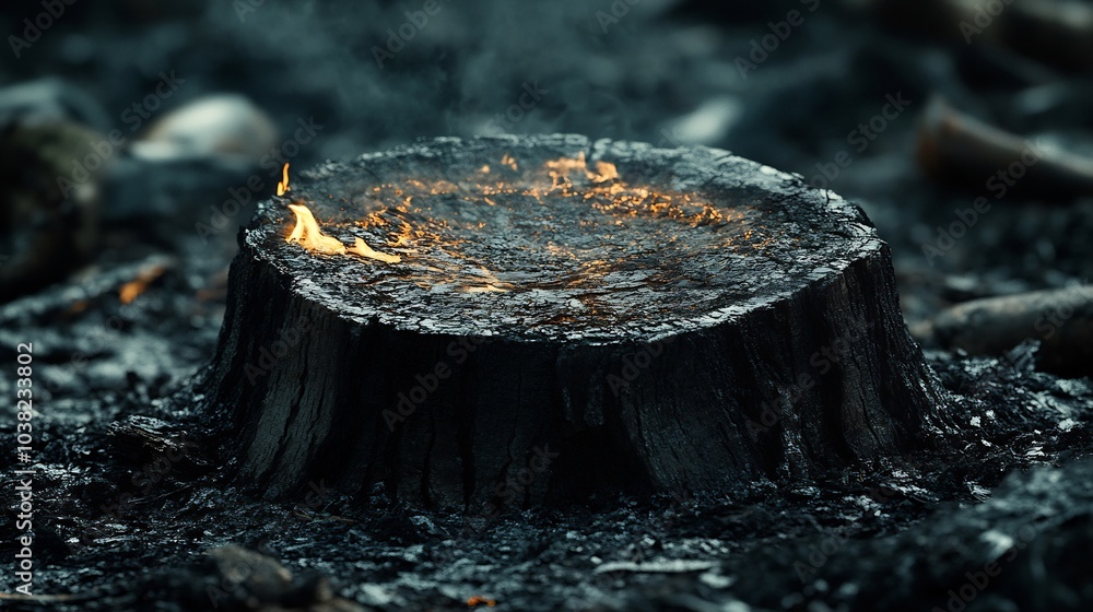 Poster closeup view of a charred tree stump surrounded by ashes in a devastated forest illustrating the aft