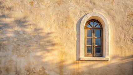 Greek Orthodox Church Window Over Rustic Concrete Wall in Natural Beige and White Hues, Capturing the Serenity of Landscape Photography