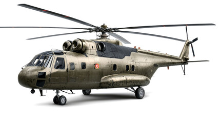 A large military helicopter with four blades on the rotor and a gray paint job, isolated against a white background.