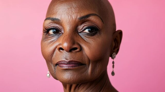 Bald elderly african woman looking on camera with pink neutral background - Focus on face - Model by AI generative