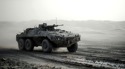 Fototapeta premium A military armored vehicle drives through a desert landscape.