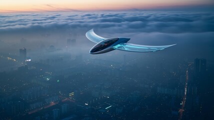Fototapeta premium Futuristic plane with transparent wings above city lights and clouds