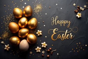 Fototapeta premium Happy Easter Message with Four Golden Eggs on Black Background, Perfect for Spring Celebrations and Festive Greetings, Capturing the Spirit of Easter Joy and Renewal