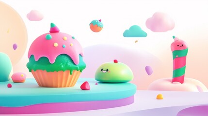 Cute cartoon scenery with pastel color abstract candy mountain shaped cake and green grass many candies scattered around creating fantasy life of child imagination playing