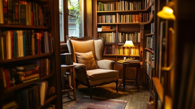 A cozy reading nook with tools and accessories, Reading tools amidst seating and lighting, Literary retreat style