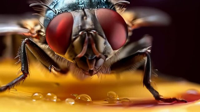 Macro photography capturing a house fly with its red compound eyes, standing on a piece of fruit covered with water droplets