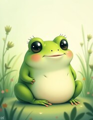 Fototapeta premium Charming Cartoon Frog Character: Soft Pastels and Watercolor Textures in a Magical Setting 