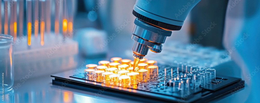 Poster a microscope is focused on a small object. the object is lit up and he is glowing