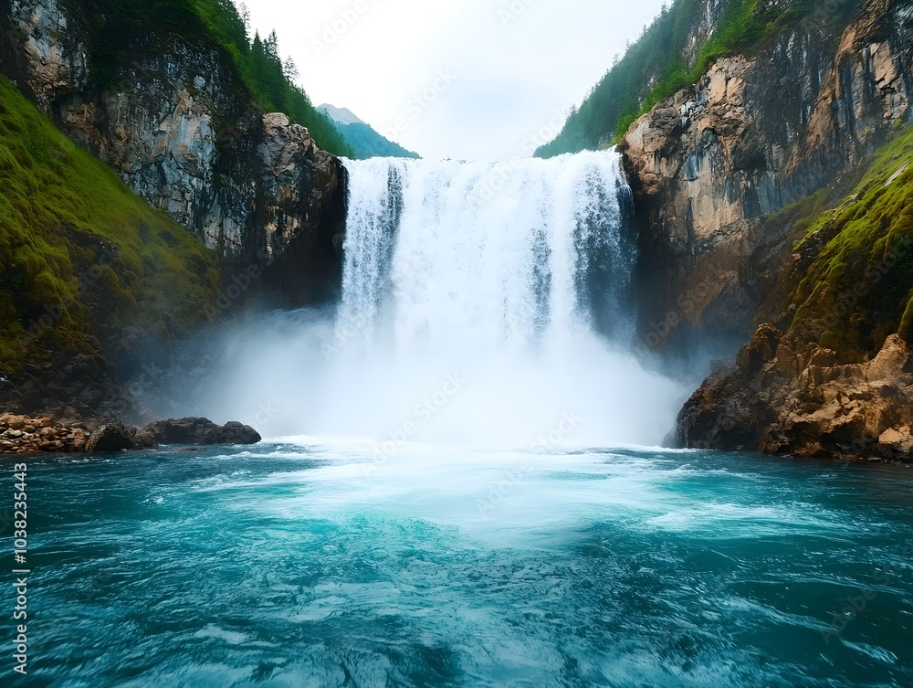 Poster majestic waterfall cascading into azure pool