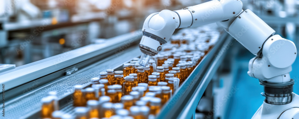 Poster a robot is working on a conveyor belt with many bottles. the robot is white and has a robotic arm