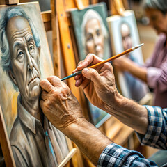 Close-ups of hands painting on a canvas and sculpting