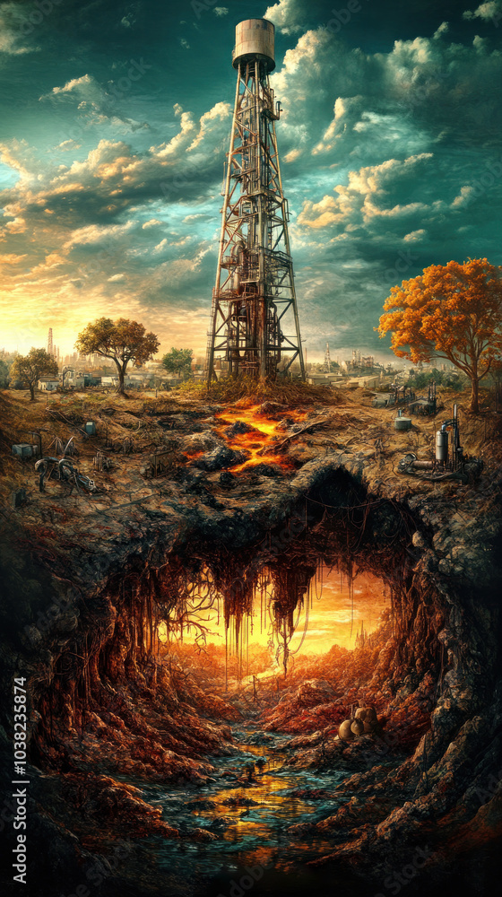 Poster a painting of a large tower with a hole in the middle of it. the hole is surrounded by a lot of tree