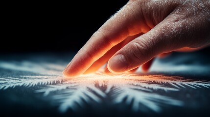 Hand touching a frost-covered surface, intricate snowflake design, artistic close-up.