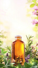 A bottle of essential oil is surrounded by herbs and flowers. The bottle is placed on a green background, with the herbs and flowers creating a natural and calming atmosphere