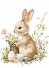 Fototapeta premium Adorable brown bunny holding a basket of colorful Easter eggs surrounded by blooming flowers